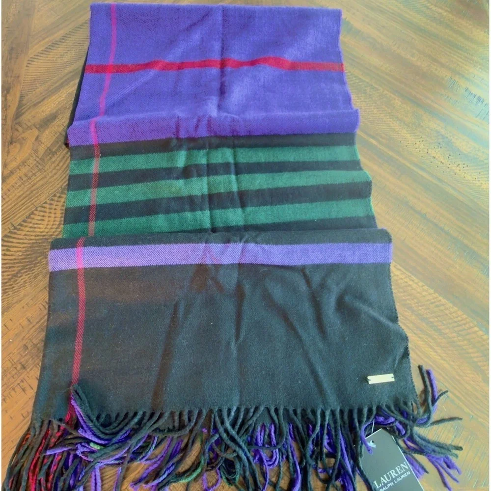 NEW Lauren Ralph Lauren Exploded Plaid Scarf Morino Wool Blend Fringe Multicolor